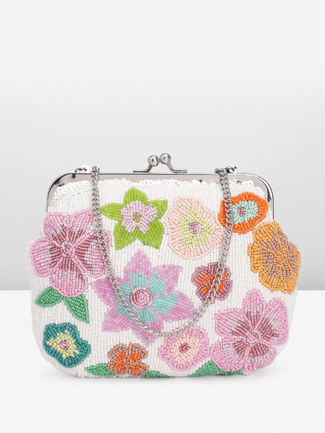 PRIMROSE Beaded Floral Clutch Purse for Women White and Multicoloured