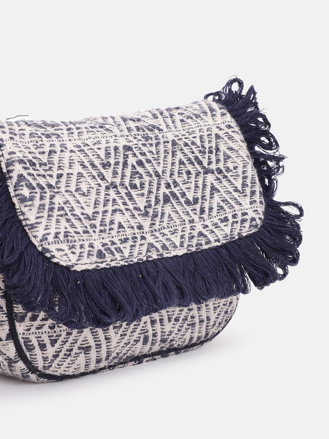 PRIMROSE Geometric Textured Half Moon Sling Bag with Fringed