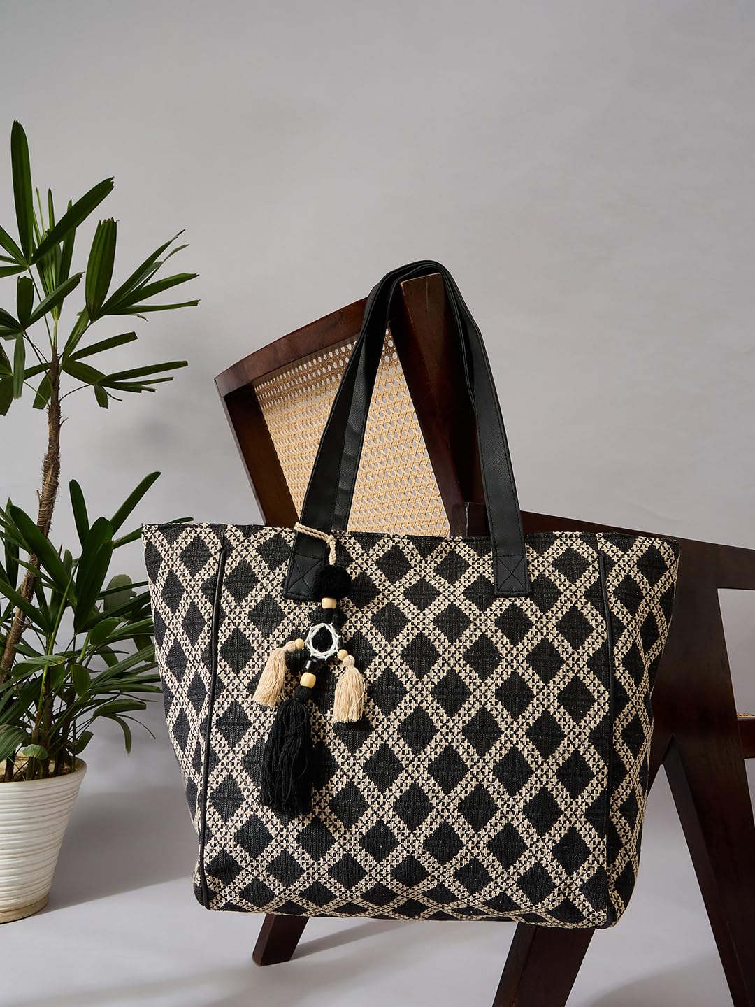 PRIMROSE Woven Tote Bag with Diamond Pattern, Black and Beige, Pvc Handles, Tassel Accent