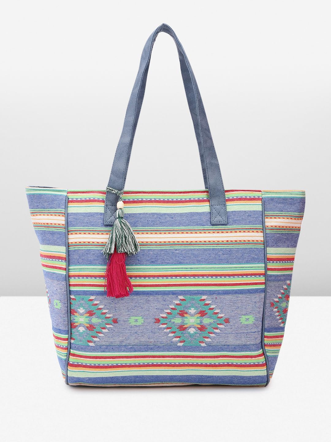 PRIMROSE Multicolour Striped Canvas Tote Bag with Tassel Accent