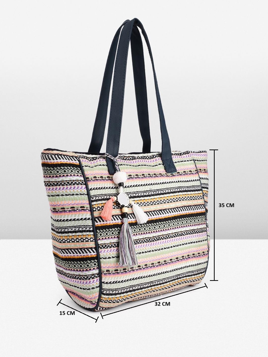 PRIMROSE Multicoloured Geometric Printed Oversized Structured Tote Bag with Tasselled