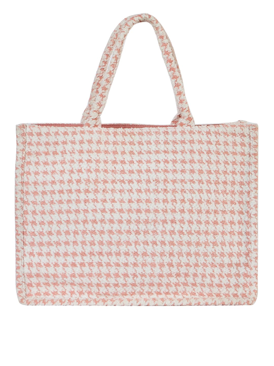 PRIMROSE Cotton Houndstooth Print Tote Bag for Women, Beige and Light Pink