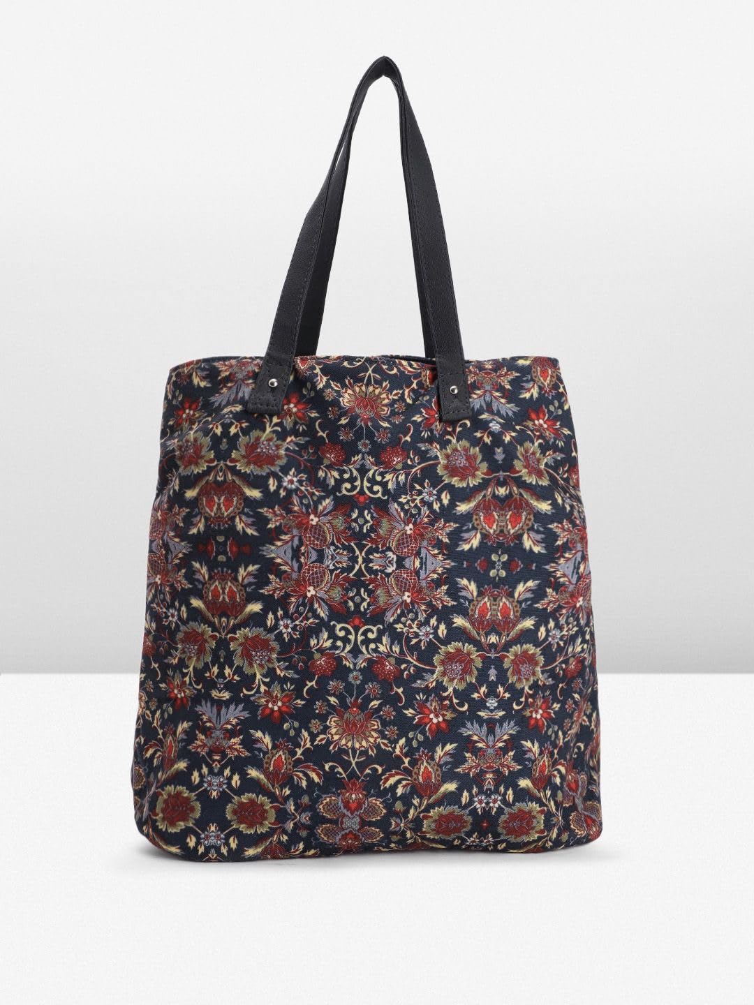 PRIMROSE Floral Print Tote Bag with Tassel Accents, Navy Blue