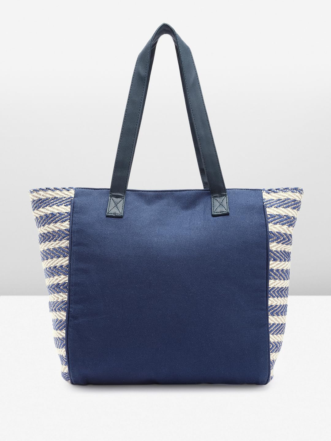 PRIMROSE Woven Tote Bag with Chevron Pattern Navy Blue and Cream Fringed Tassel