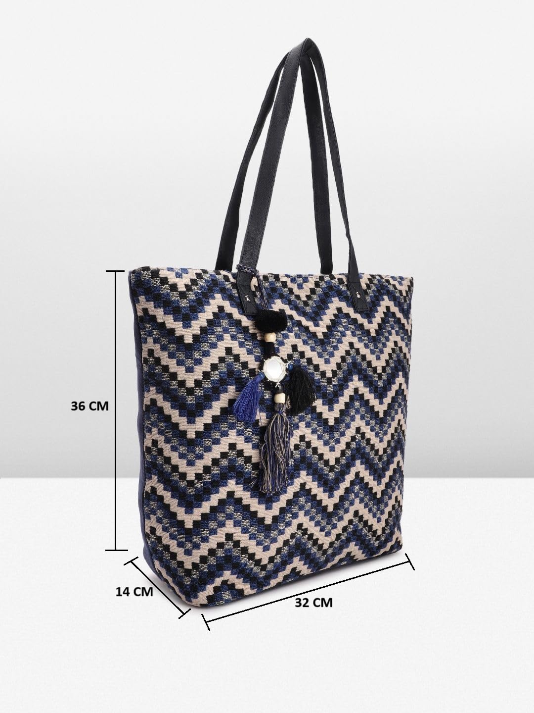 PRIMROSE Geometric Patterned Tote Bag for Women, Blue and White