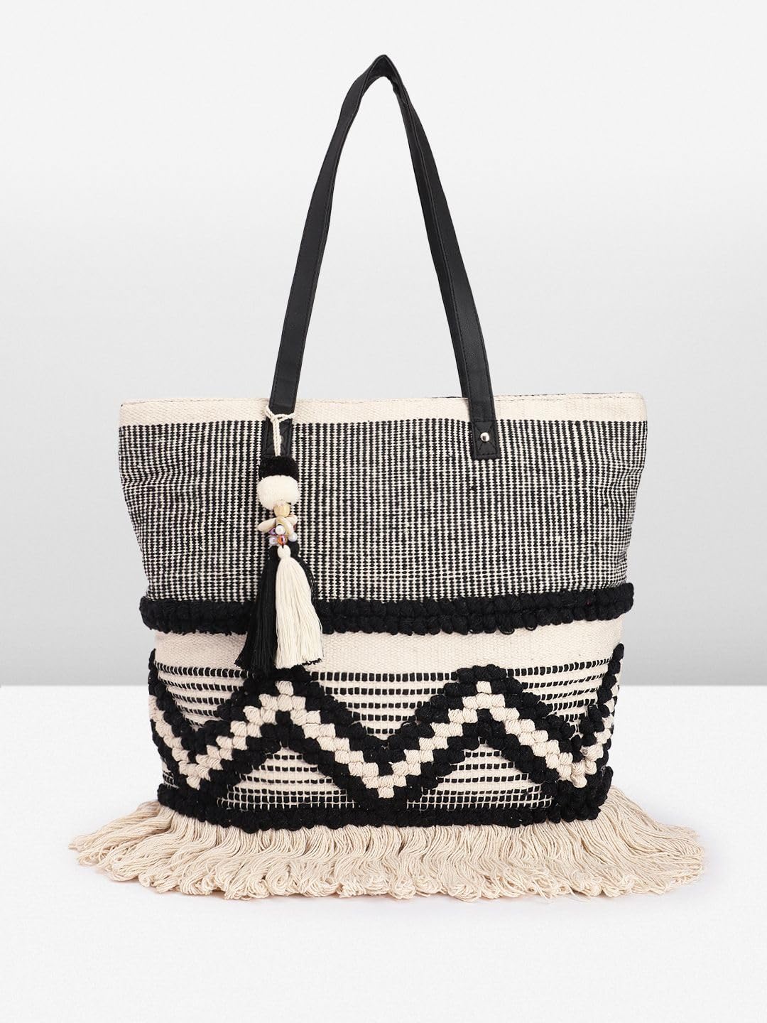 PRIMROSE Women Tote Bag with Tassels, Black and White