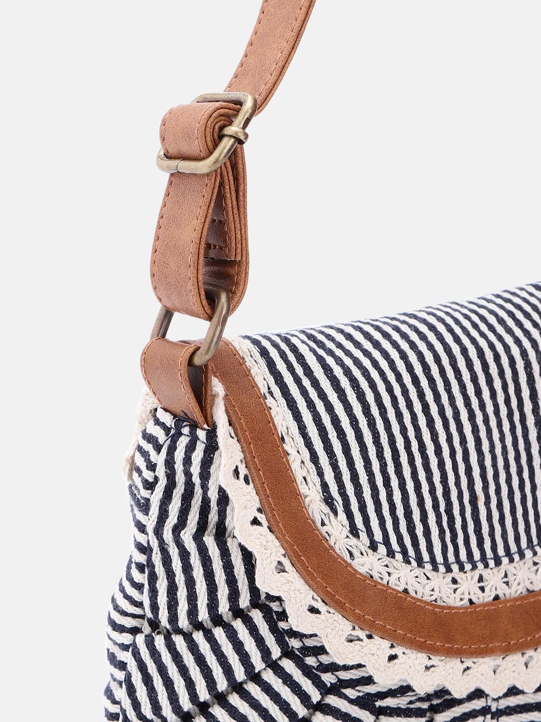 PRIMROSE Striped Canvas Crossbody Bag with Flap Brown and White