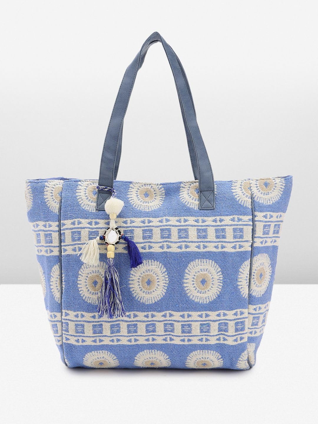 PRIMROSE Ethnic Motifs Printed Tasselled Oversized Shopper Tote Bag