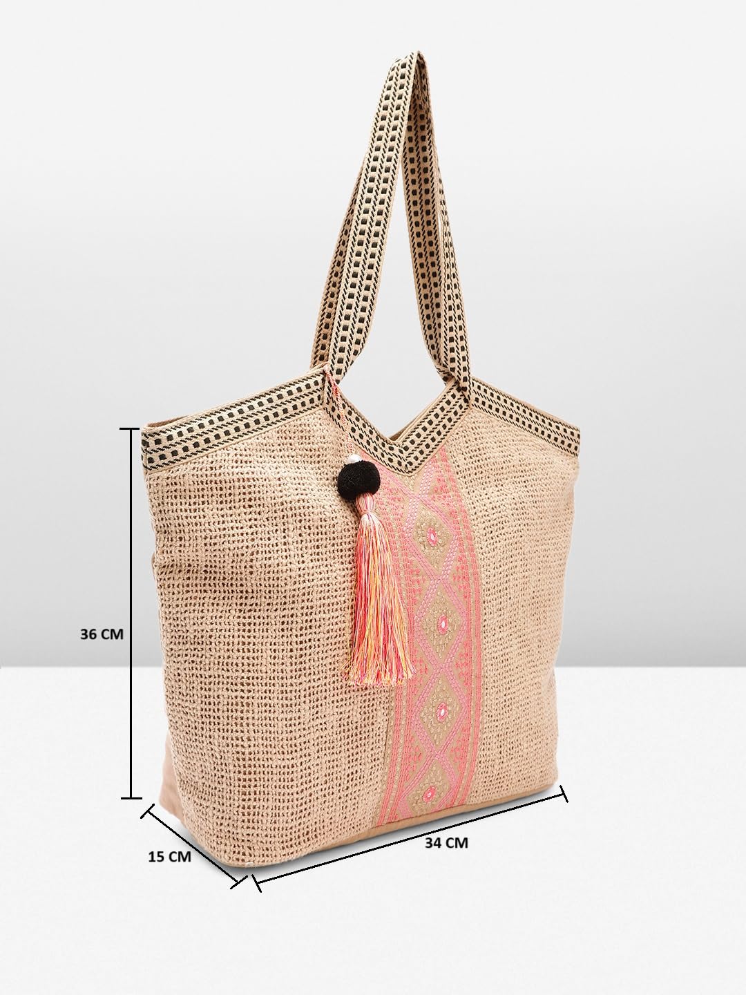 PRIMROSE Handcrafted Woven Tote Bag with Tassel Accent Beige and Pink