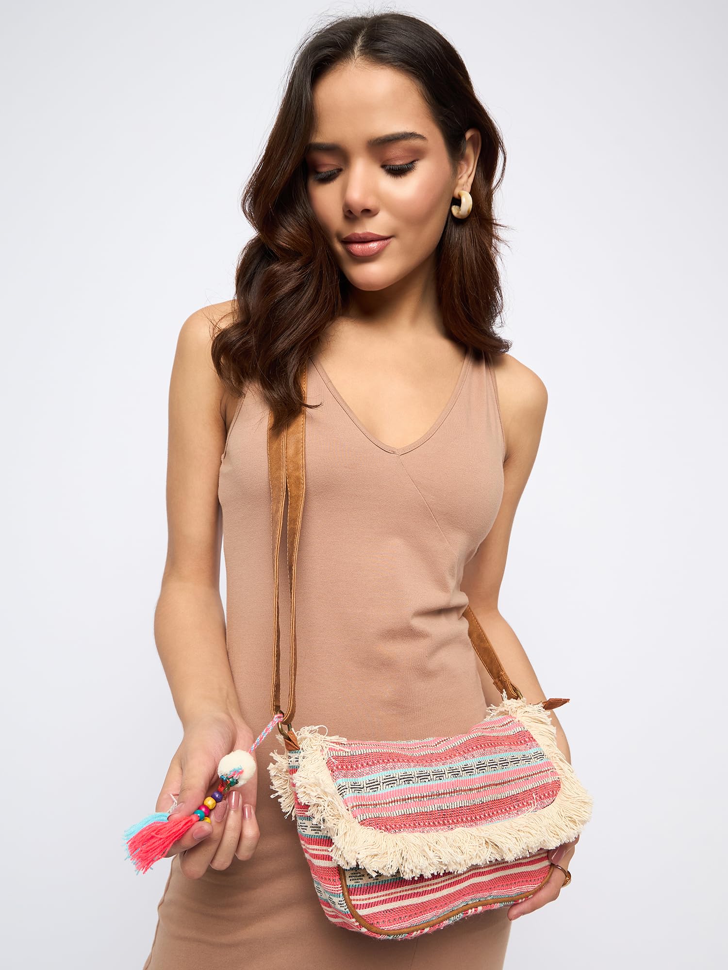 PRIMROSE Fringe Trim Woven Crossbody Bag with Tassels, Multicolour