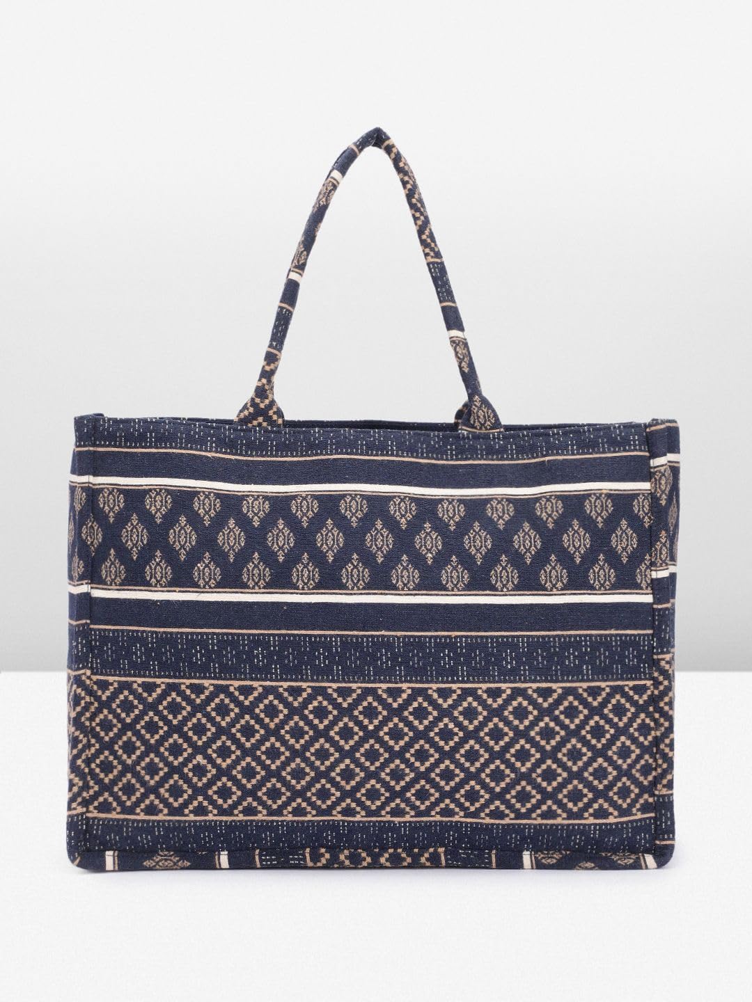 PRIMROSE Ethnic Printed Cotton Tote Bag with Patterned Stripes, Beige and Navy Blue