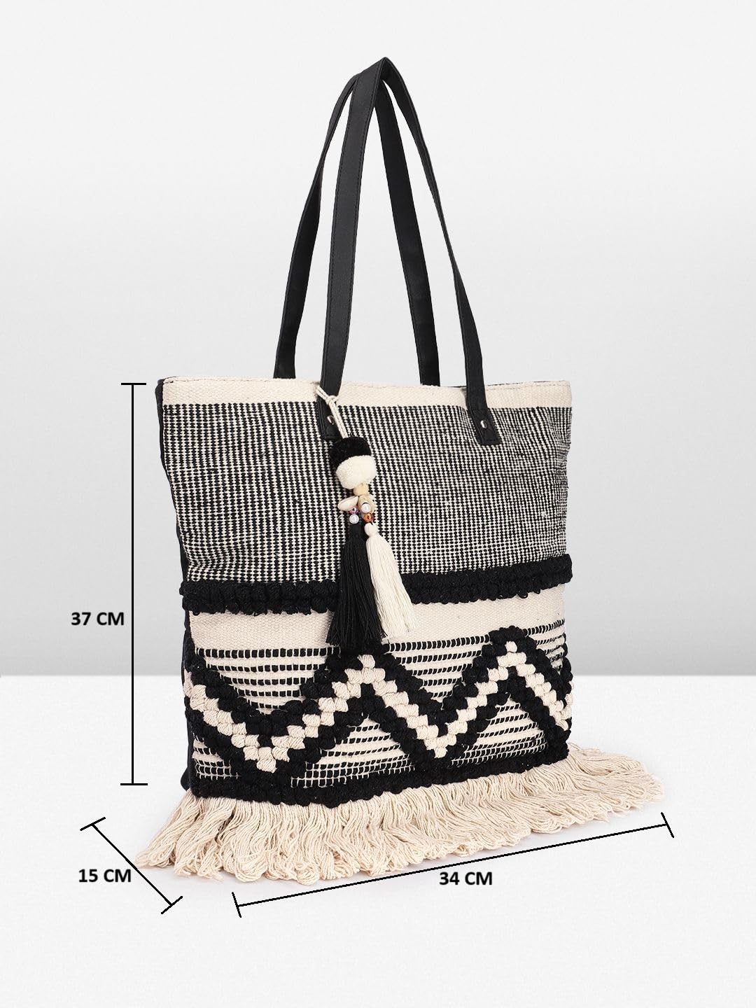 PRIMROSE Women Tote Bag with Tassels, Black and White