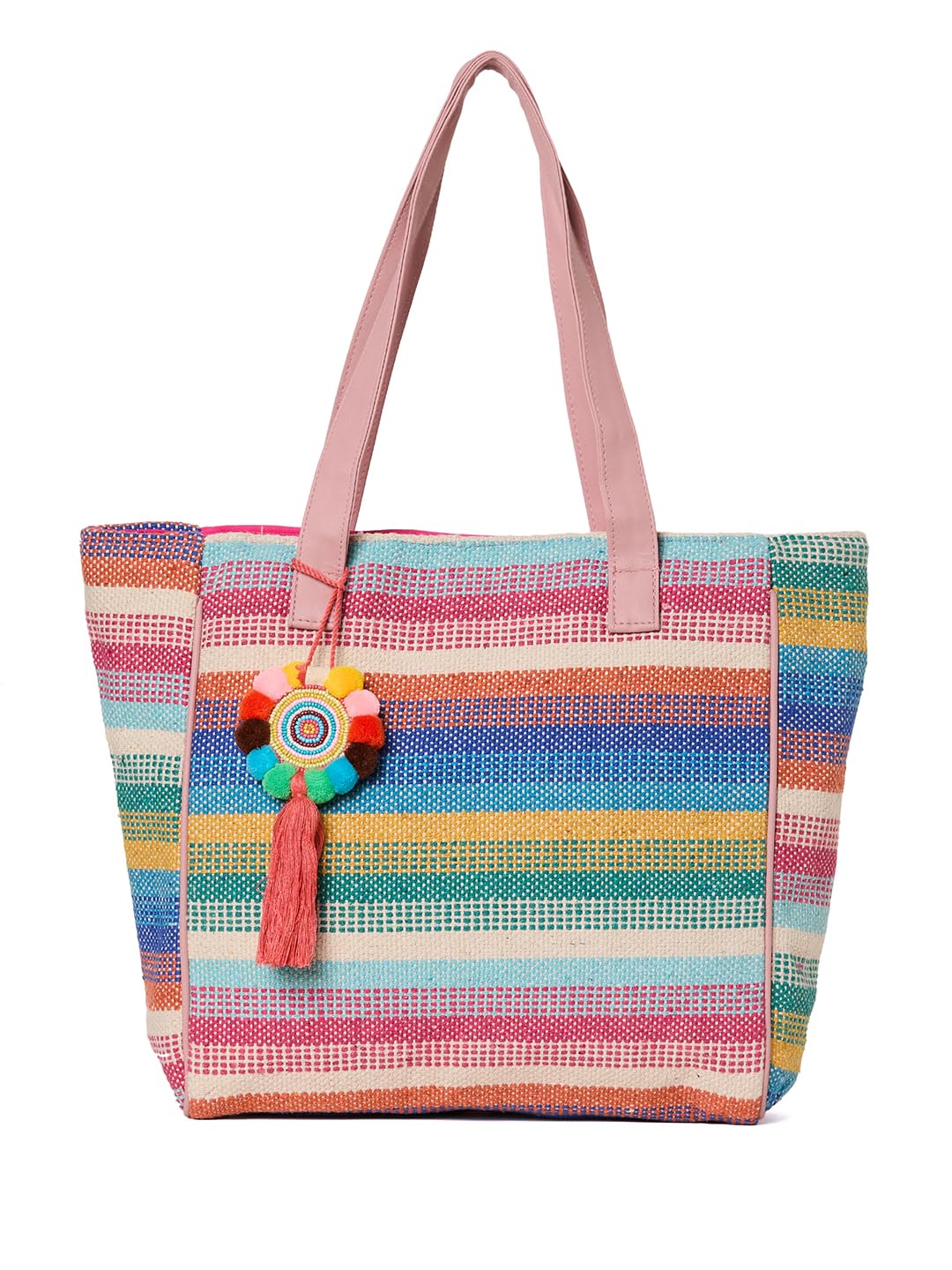 PRIMROSE Multicoloured Jacquard Woven Design Structured Shoulder Bag with Pom-Pom Tasselled