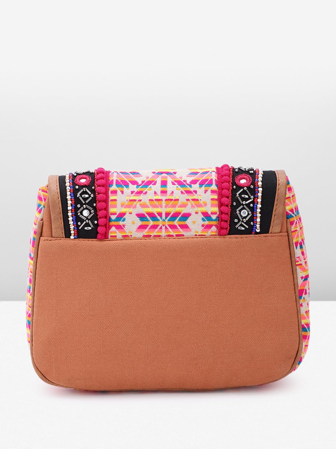 PRIMROSE Ethnic Embroidered Sling Bag with Pom Poms Multicolour