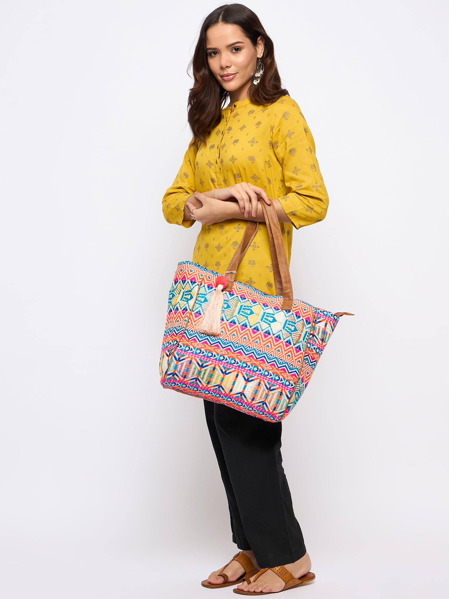 PRIMROSE Multicoloured Aztec Print Tote Bag with Tassel