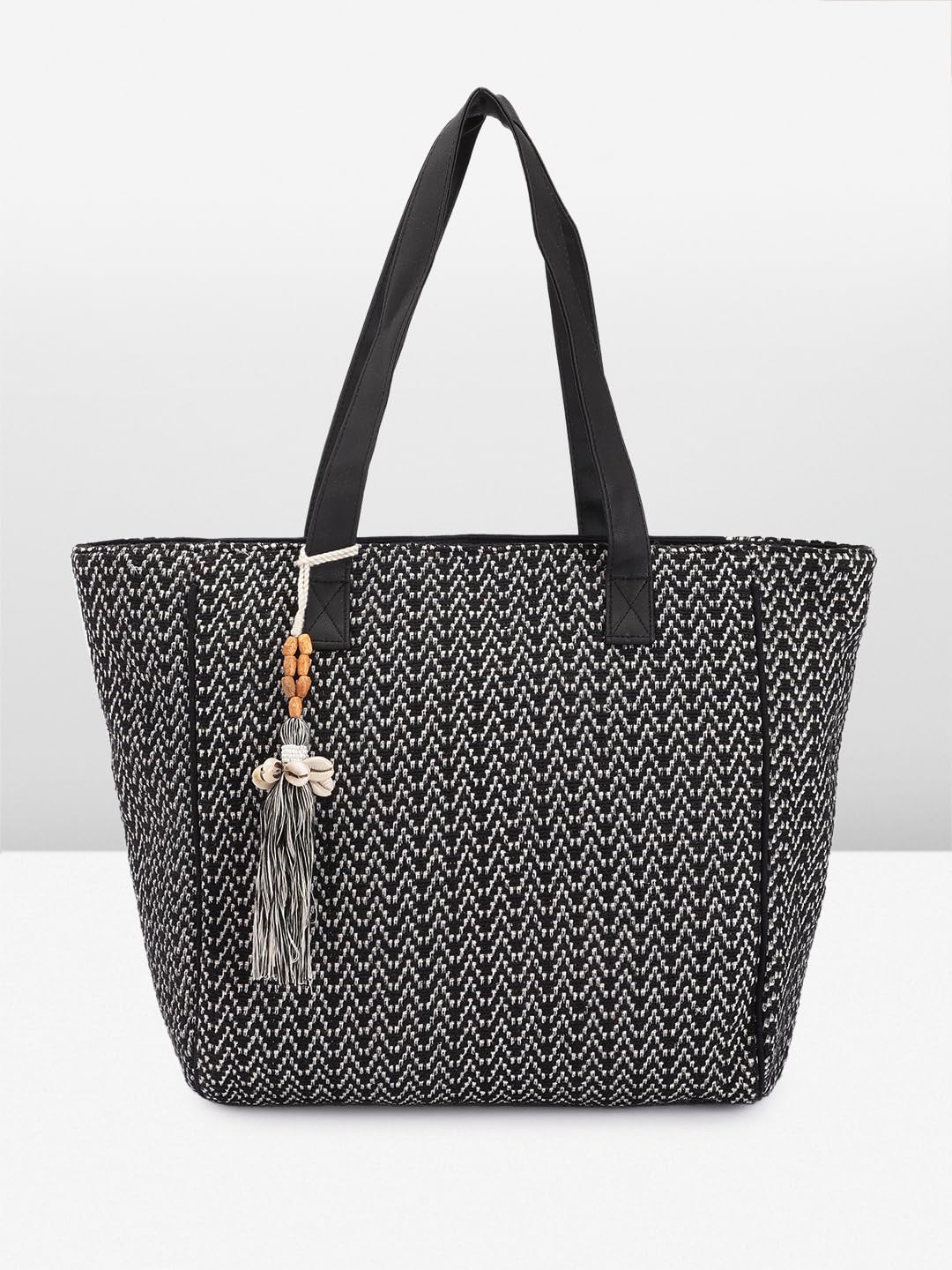 PRIMROSE Woven Tote Bag with Tassel Accents Black