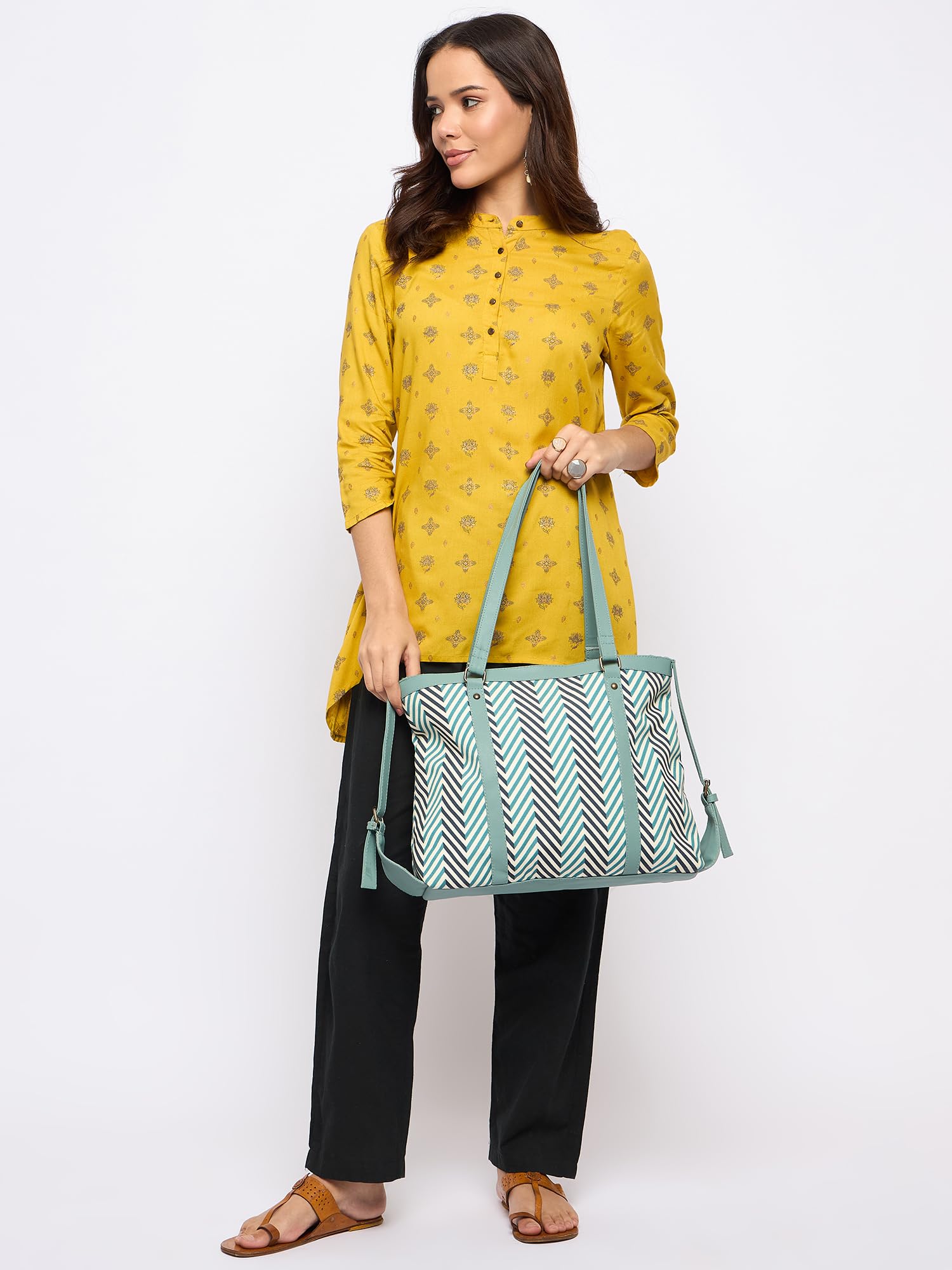 PRIMROSE Green Geometric Printed Oversized Shoulder Bag