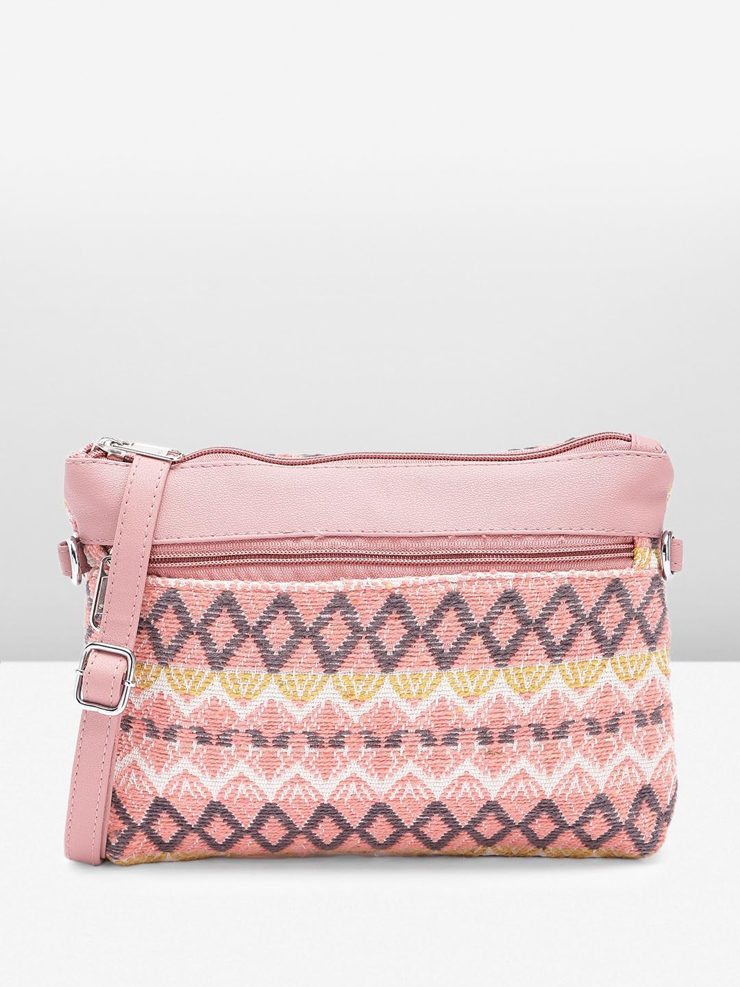 PRIMROSE Chevron Pattern Crossbody Bag with Multiple Zippers Pink