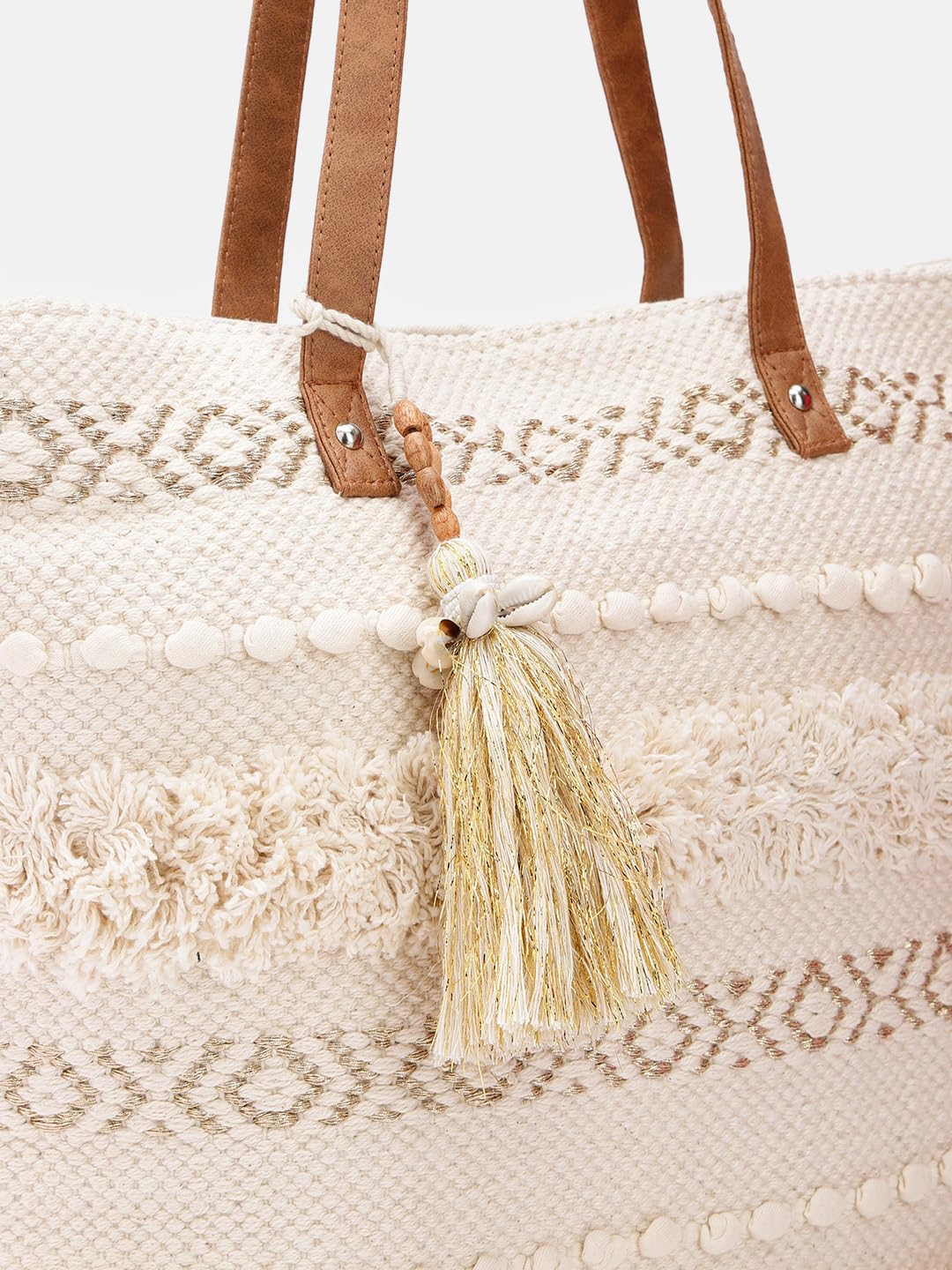 PRIMROSE Handcrafted Beige Woven Tote Bag with Tassel Accent