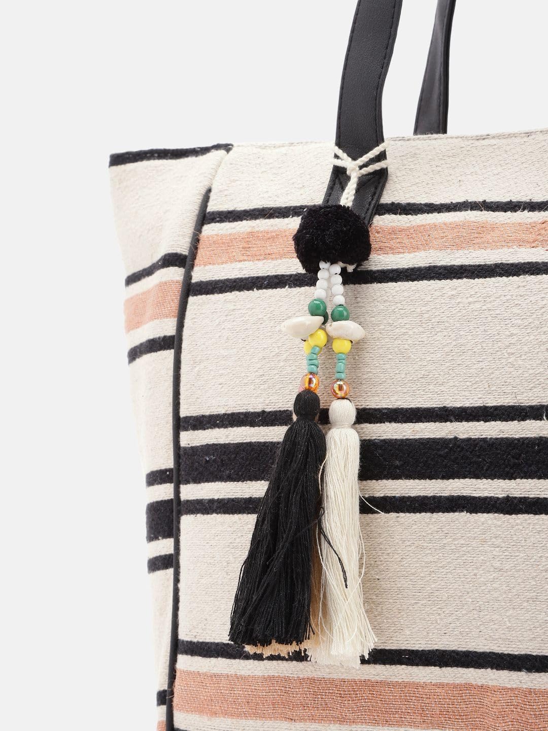 PRIMROSE Striped Canvas Tote Bag with Tassel Beige Black and Peach