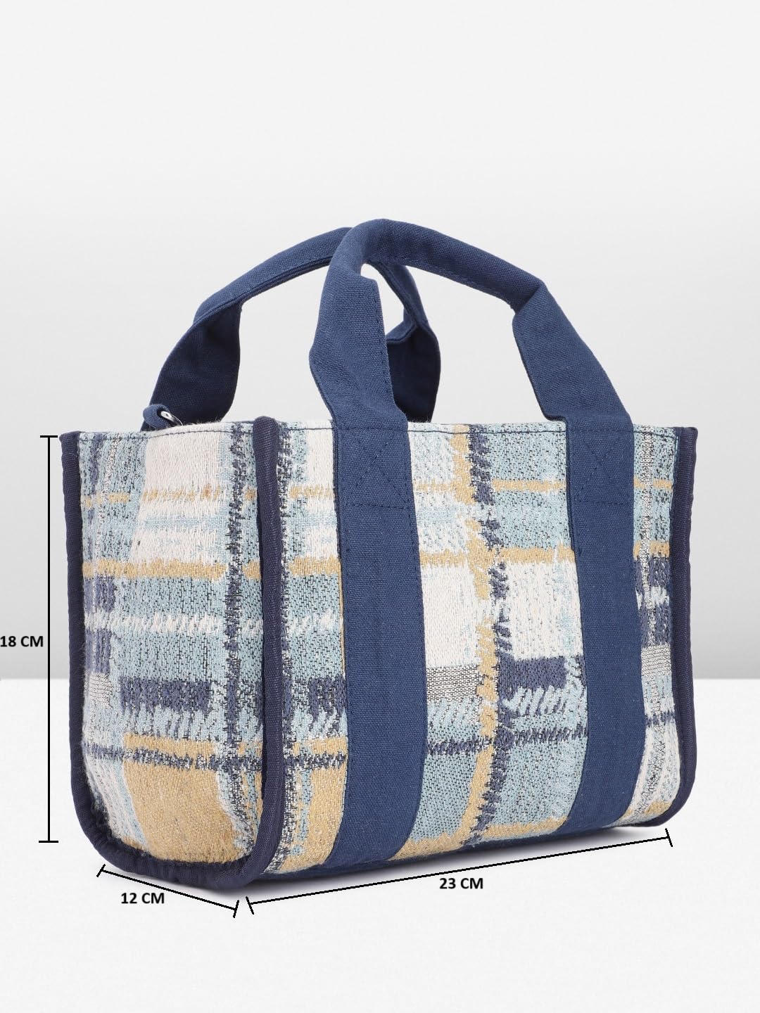 PRIMROSE Knitted Navy Blue Tote Bag with Patterned Front Panel Adjustable Strap