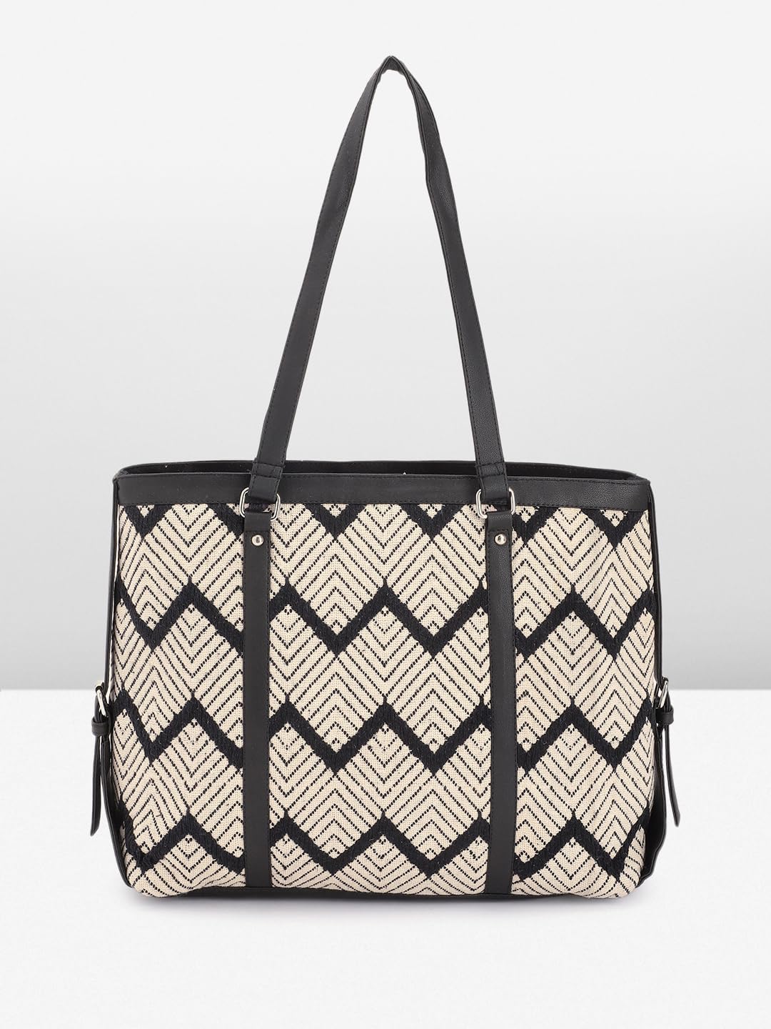 PRIMROSE Geometric Patterned Canvas Tote Bag Black and Beige