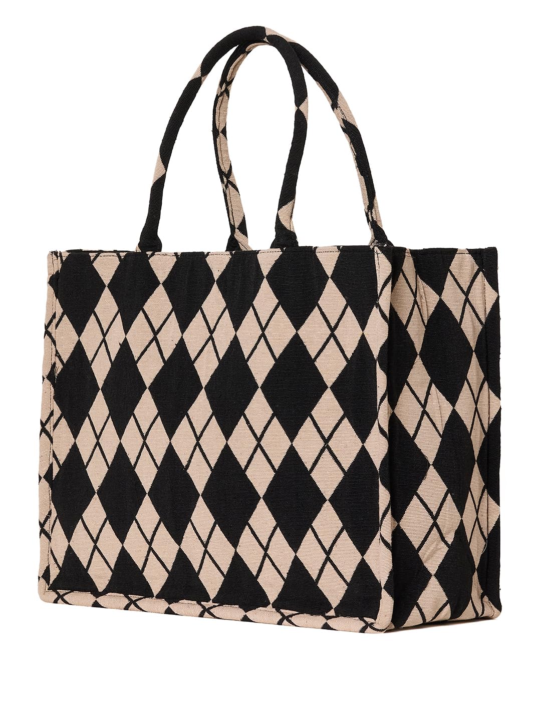 PRIMROSE Diamond Pattern Tote Bag for Women, Black and Beige