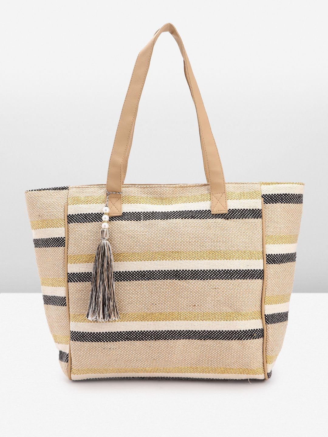 PRIMROSE Striped Jute Tote Bag with Tassel Tan and Black