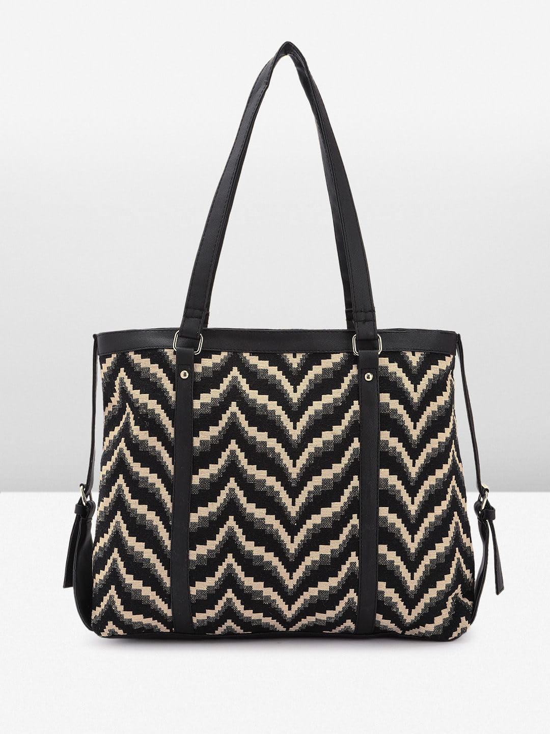 PRIMROSE Black and Beige Zig-Zag Patterned Tote Bag for Women