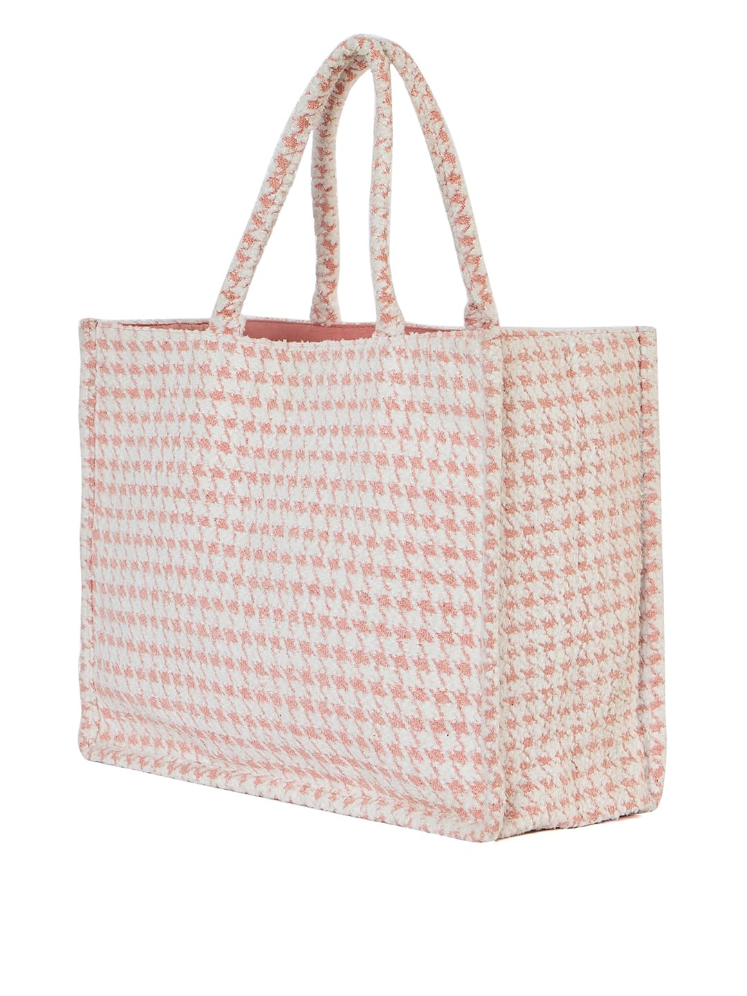 PRIMROSE Cotton Houndstooth Print Tote Bag for Women, Beige and Light Pink