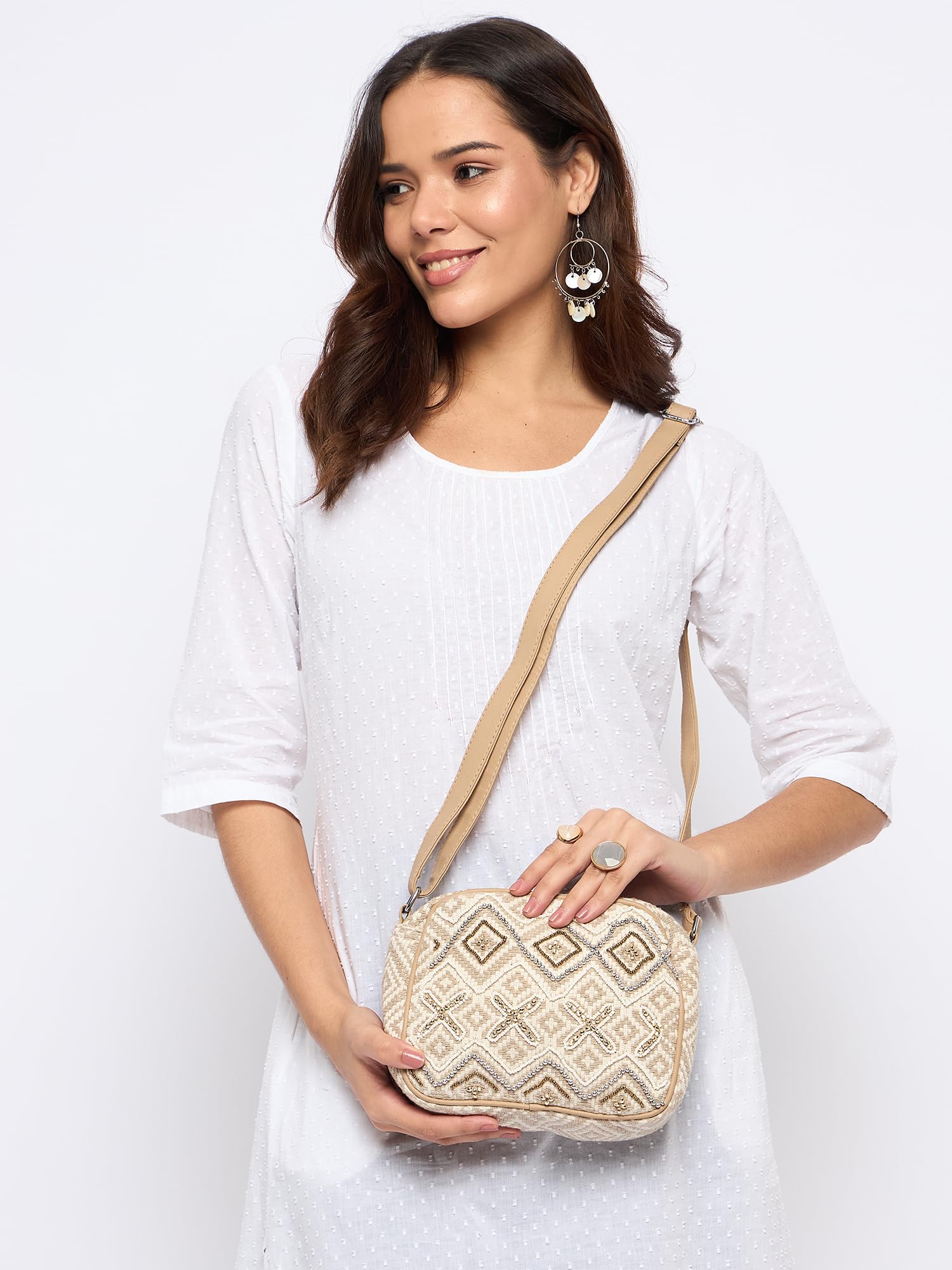 PRIMROSE Beige Crossbody Bag with Diamond Pattern, Adjustable Strap