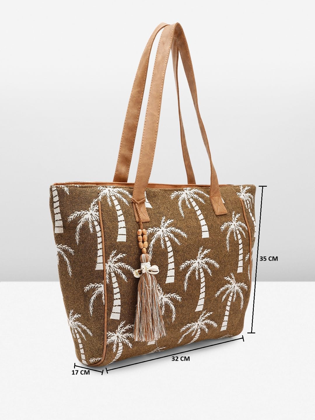 PRIMROSE Women's Tote Bag with Palm Tree Print Tassels Brown