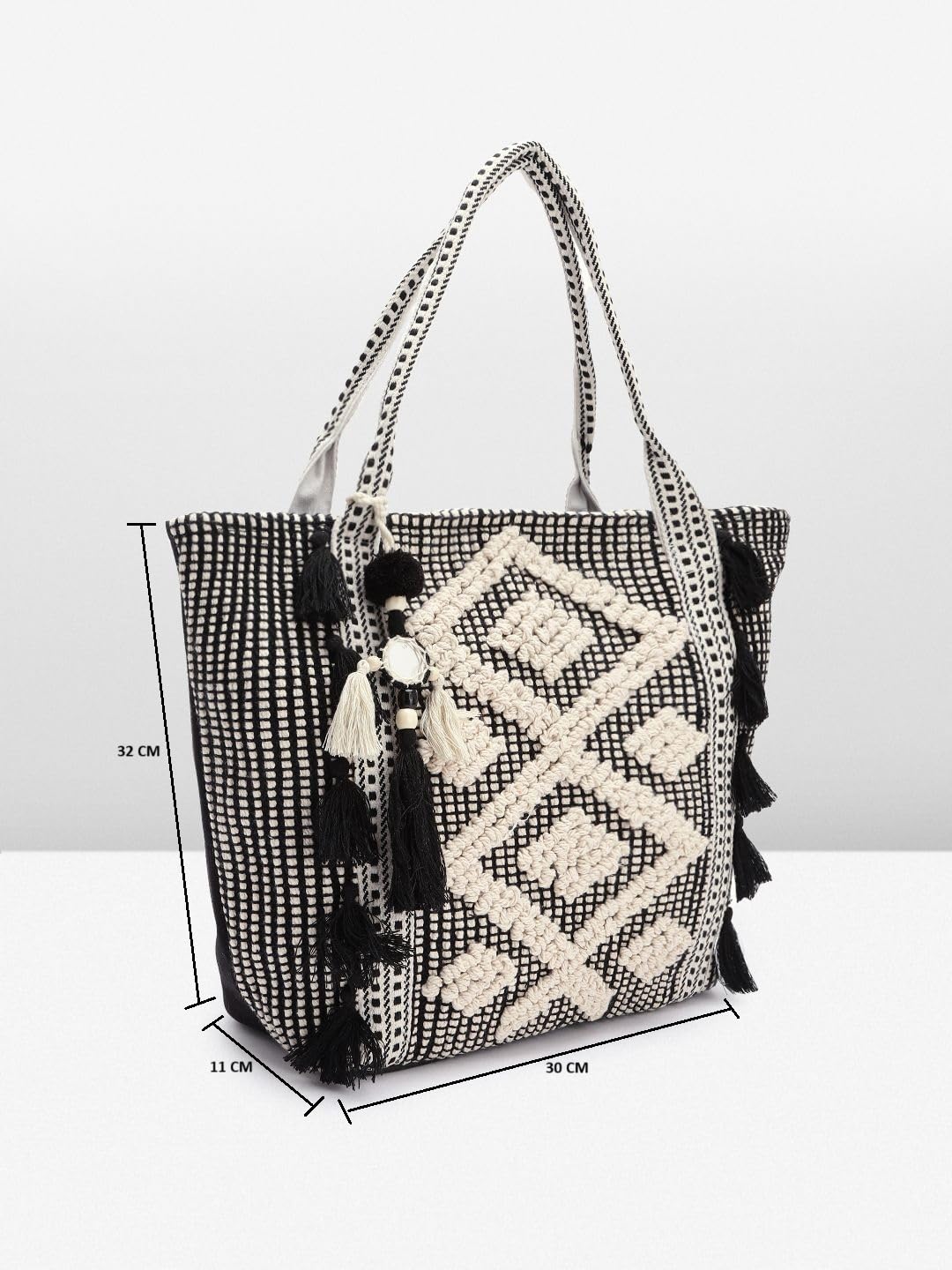 PRIMROSE Women's Handcrafted Crochet Tote Bag with Tassel Accents Black and White Geometric Pattern