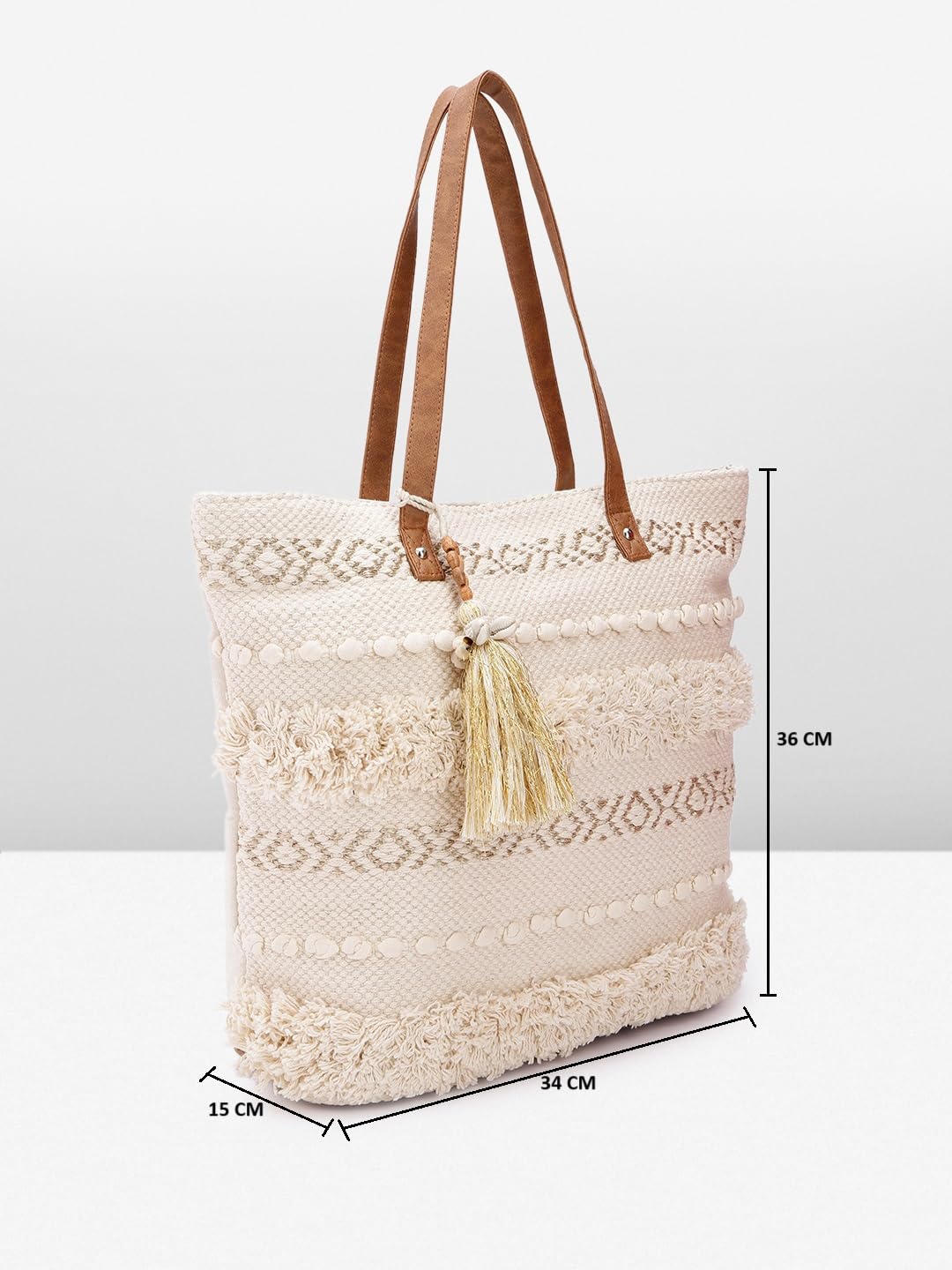 PRIMROSE Handcrafted Beige Woven Tote Bag with Tassel Accent