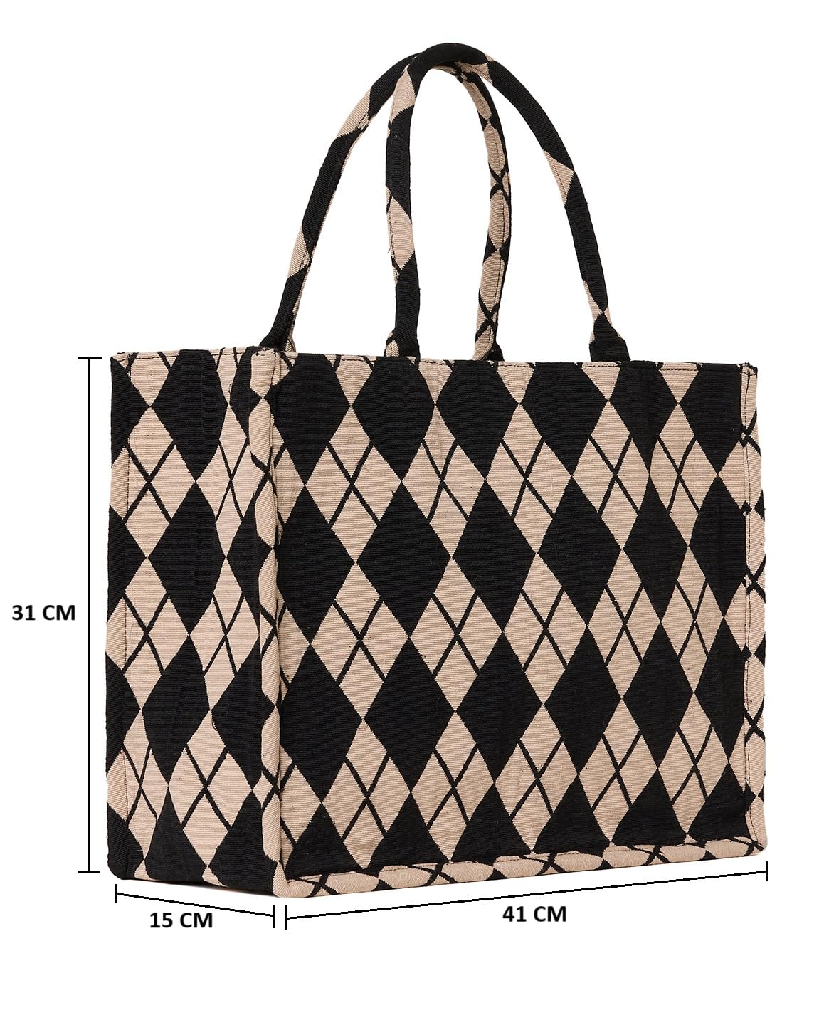 PRIMROSE Diamond Pattern Tote Bag for Women, Black and Beige