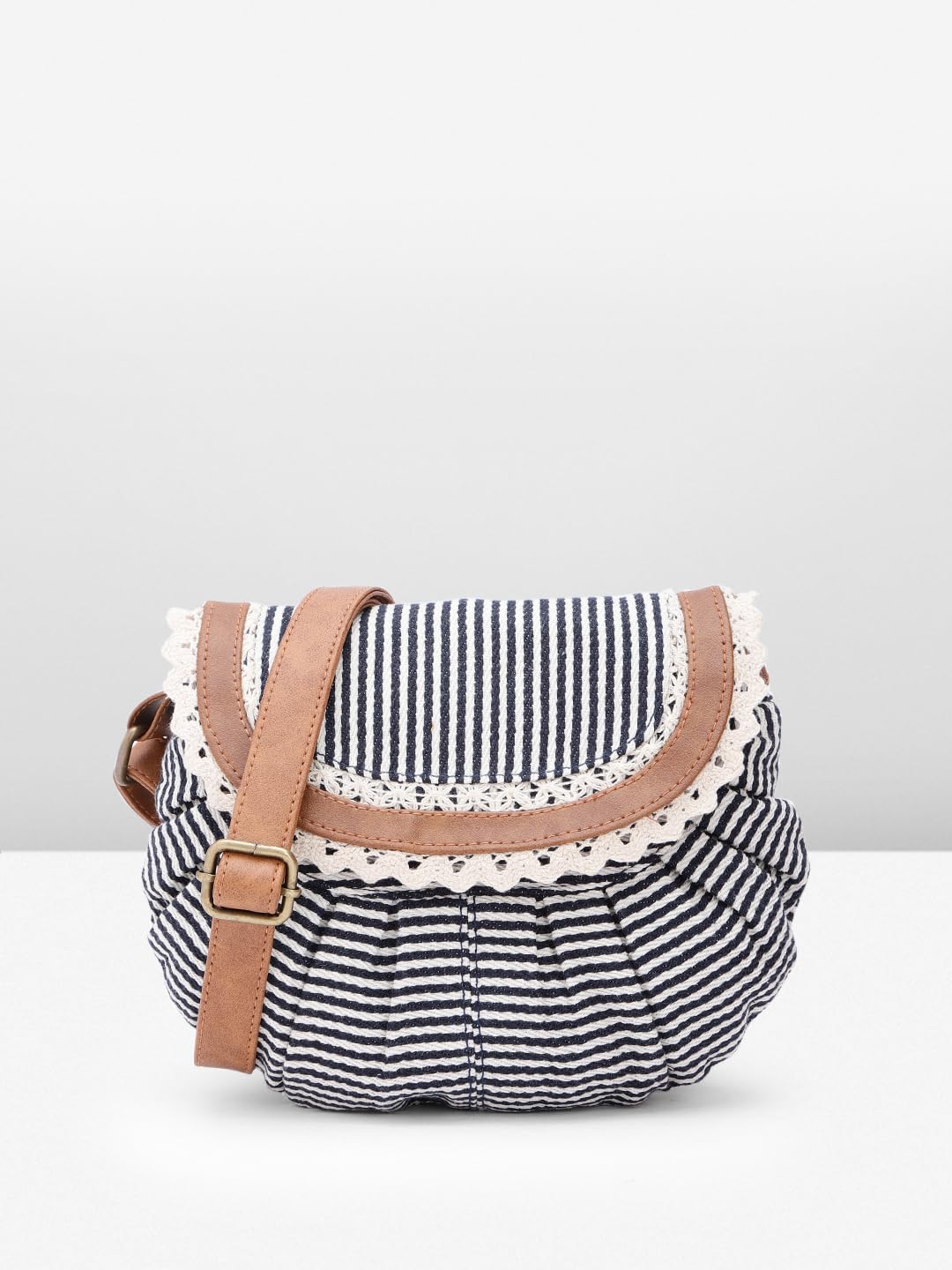 PRIMROSE Striped Canvas Crossbody Bag with Flap Brown and White