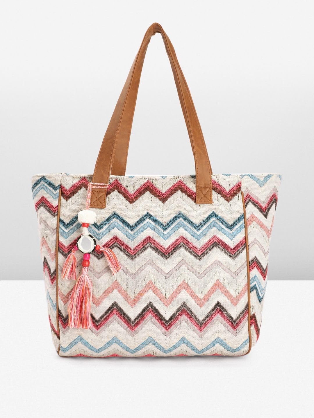 PRIMROSE Chevron Pattern Tote Bag with Tassels, Beige and Multi-Colour