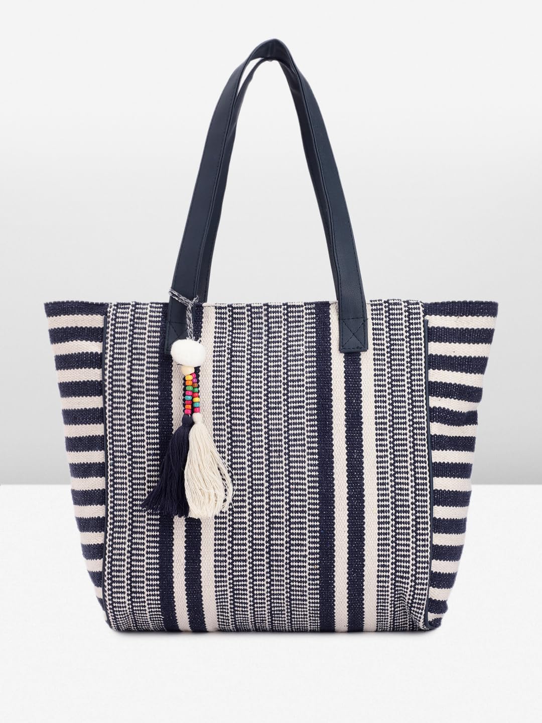 PRIMROSE Women's Striped Woven Tote Bag with Tassels Navy Blue and White