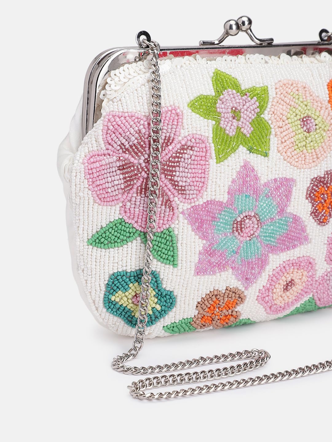 PRIMROSE Beaded Floral Clutch Purse for Women White and Multicoloured