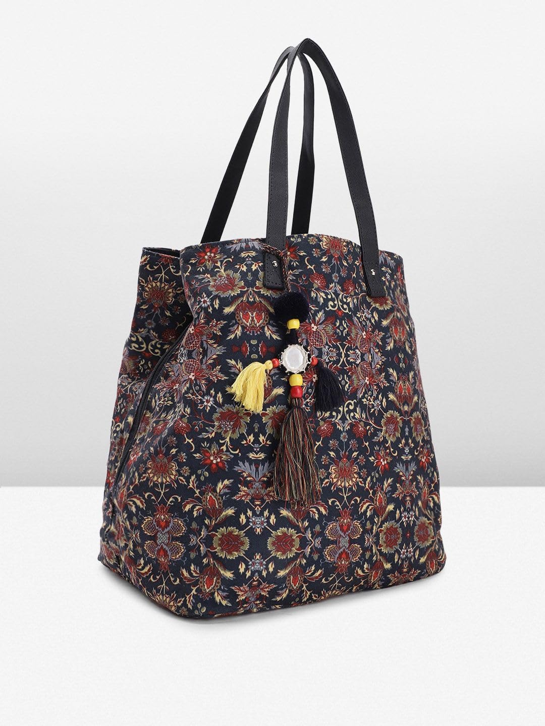 PRIMROSE Floral Print Tote Bag with Tassel Accents, Navy Blue