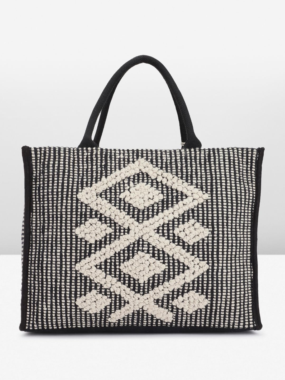 PRIMROSE Handmade Black and White Crochet Tote Bag with Tassels