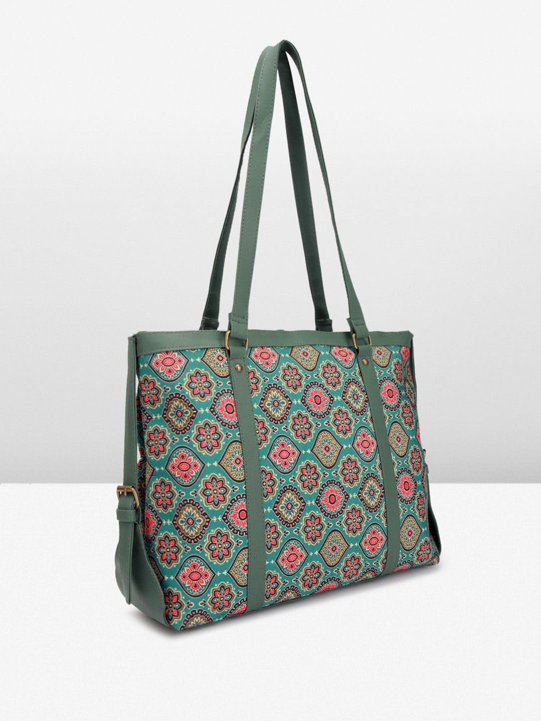 PRIMROSE Sea Green Ethnic Motifs Printed Oversized Shopper Shoulder Bag