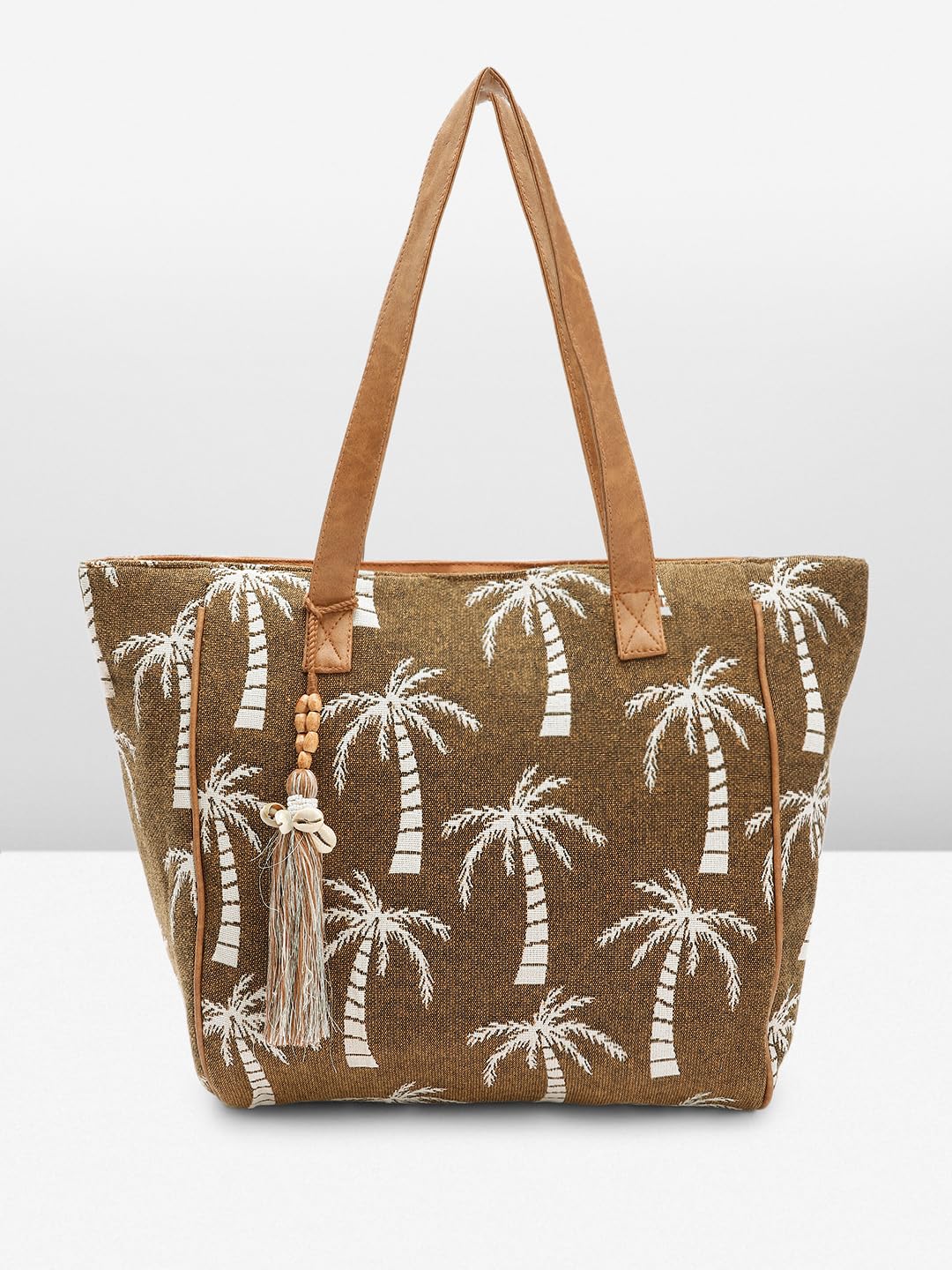 PRIMROSE Women's Tote Bag with Palm Tree Print Tassels Brown