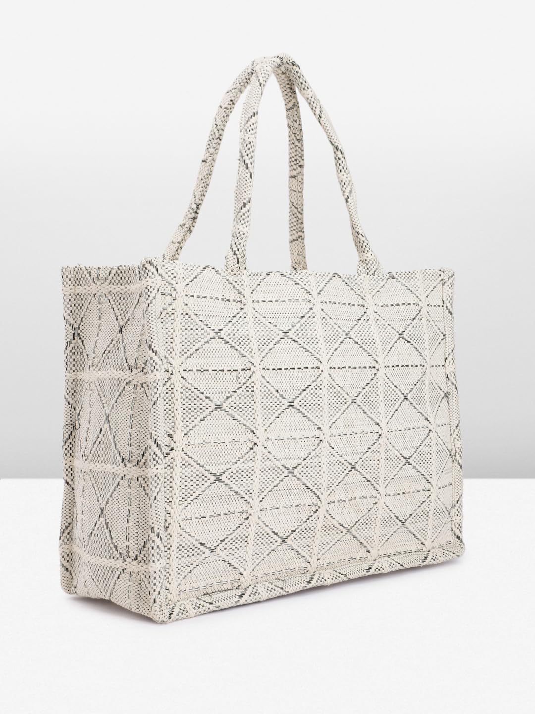 PRIMROSE Macrame Tote Bag, Geometric Design, Ivory