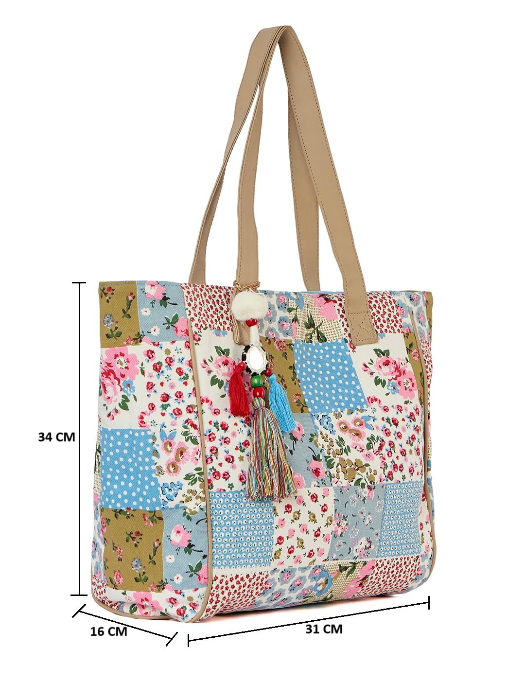 PRIMROSE Floral Print Tote Bag with Tassel Accents, Multicolour