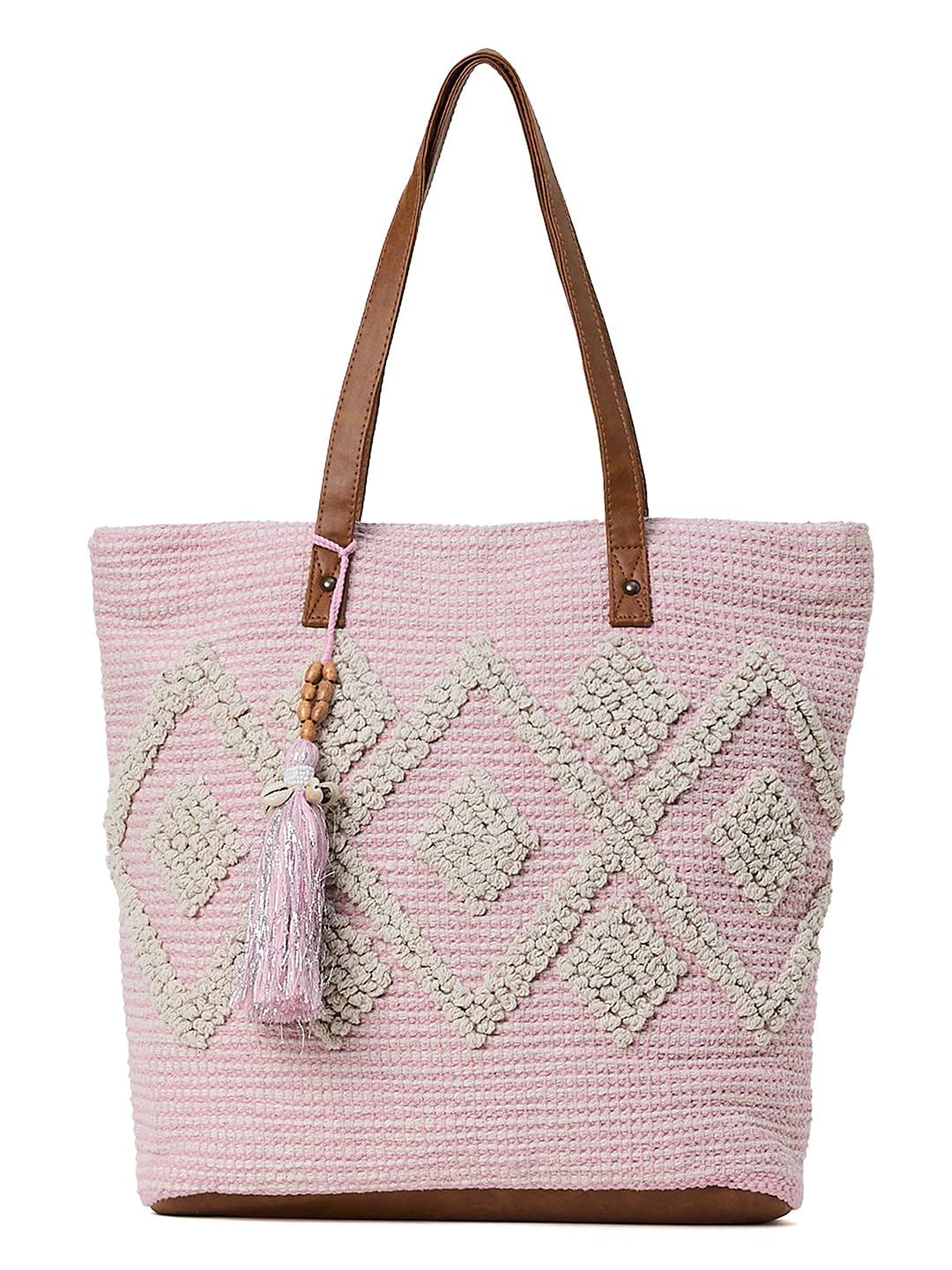 PRIMROSE Crochet Tote Bag with Tassel, Pink and Beige, PU Handles