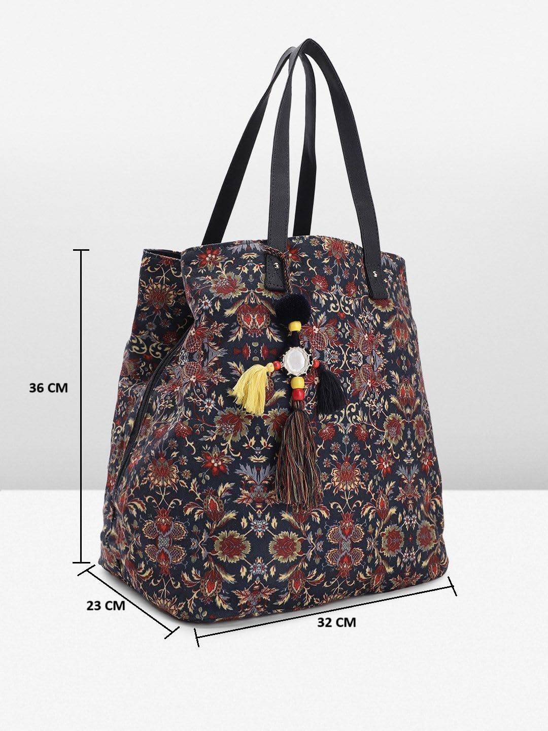 PRIMROSE Floral Print Tote Bag with Tassel Accents, Navy Blue