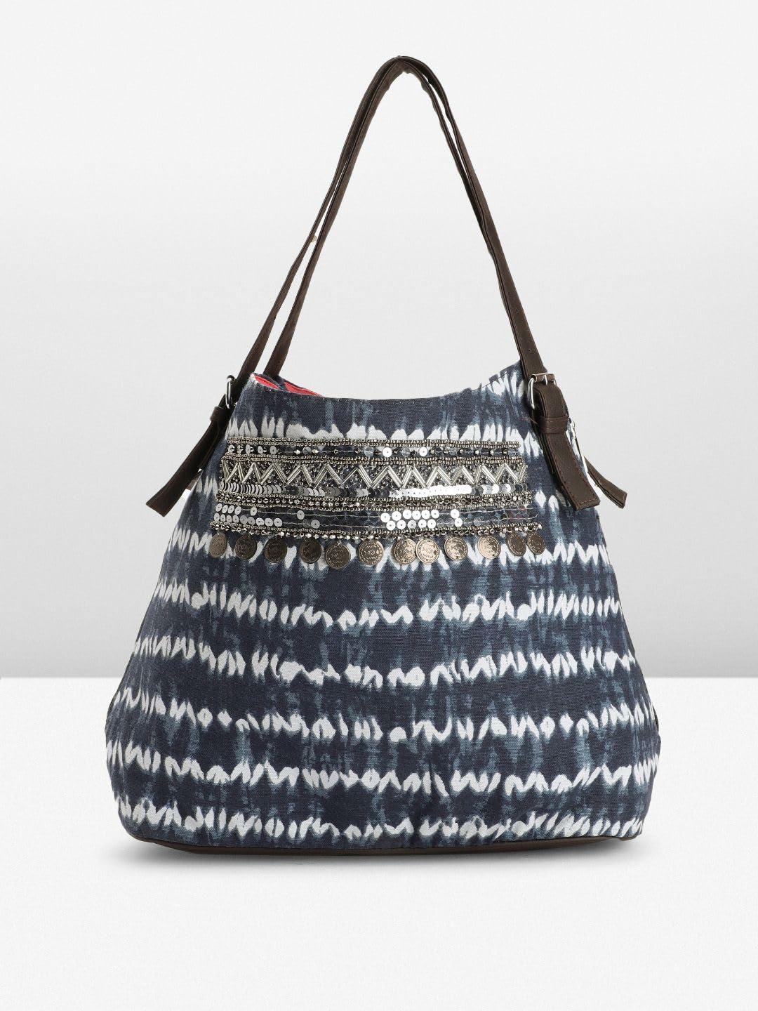 PRIMROSE Printed Hobo Bag with Embellishments Blue and White