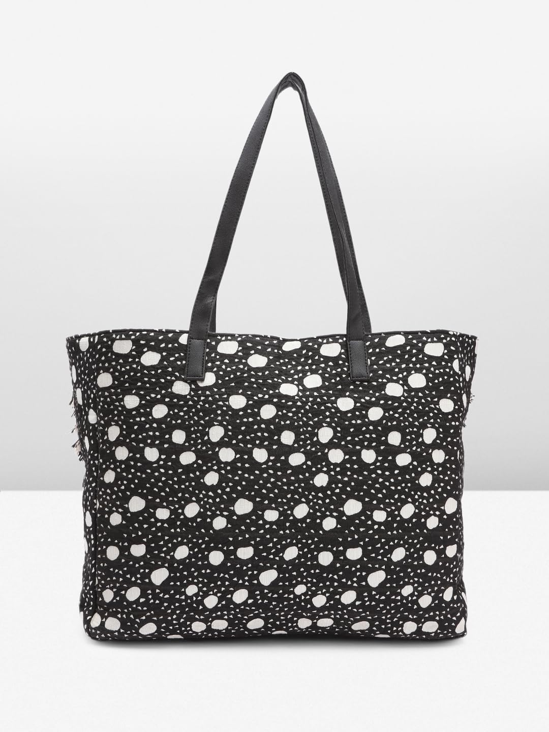 PRIMROSE Fringed Polka Dot Tote Bag Black and White