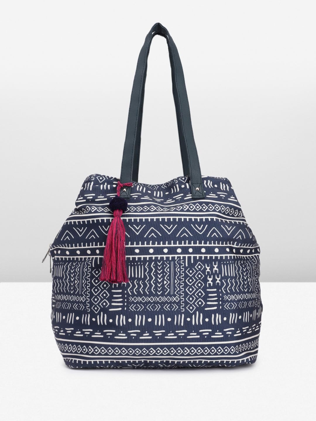 PRIMROSE Printed Tote Bag with Tassel Accent Navy Blue and White Tribal Pattern